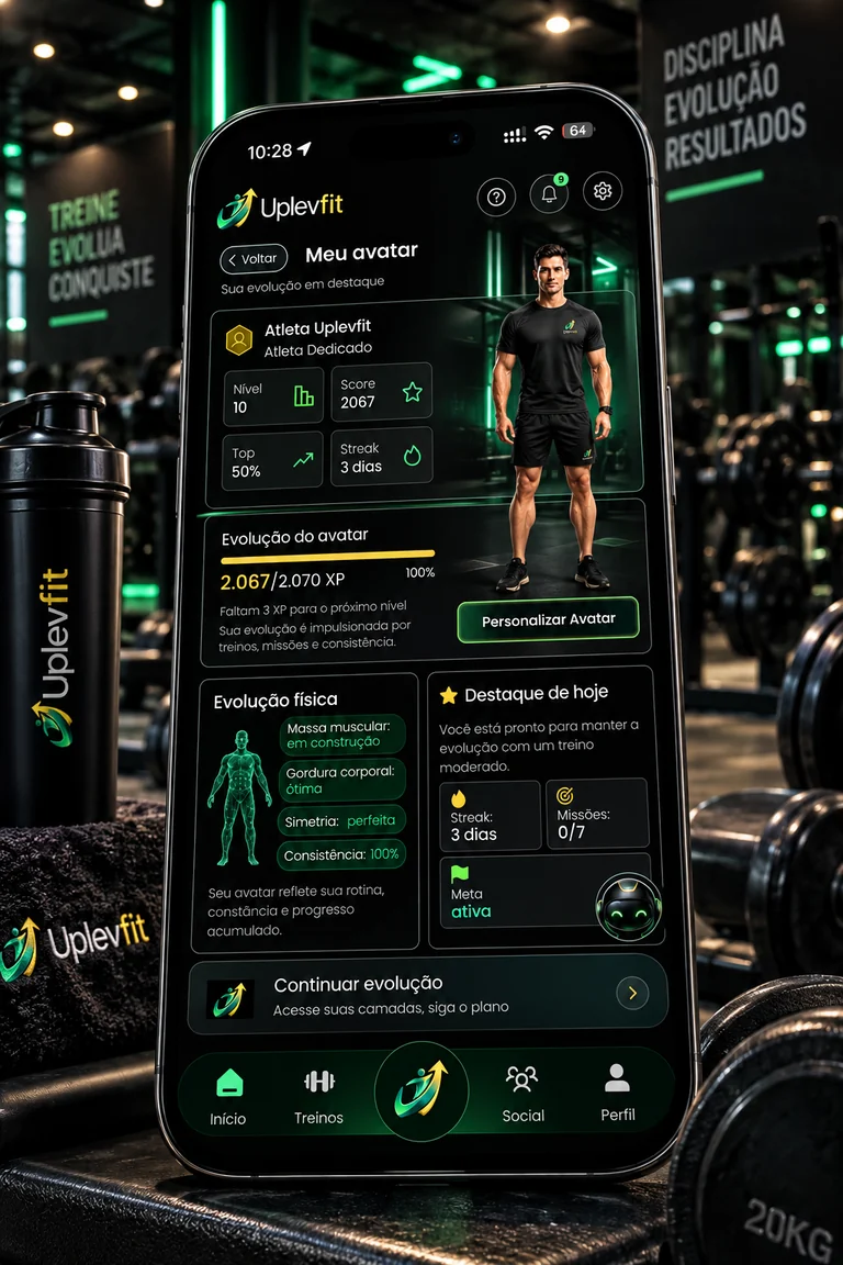 Mockup Uplevfit na academia: Meu avatar, nível, XP e personalização