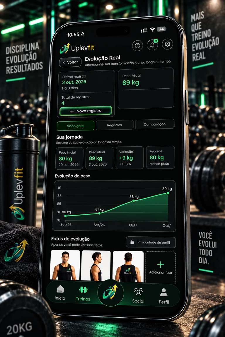 Mockup Uplevfit na academia: Evolução Real com registros, fotos e gráfico de peso